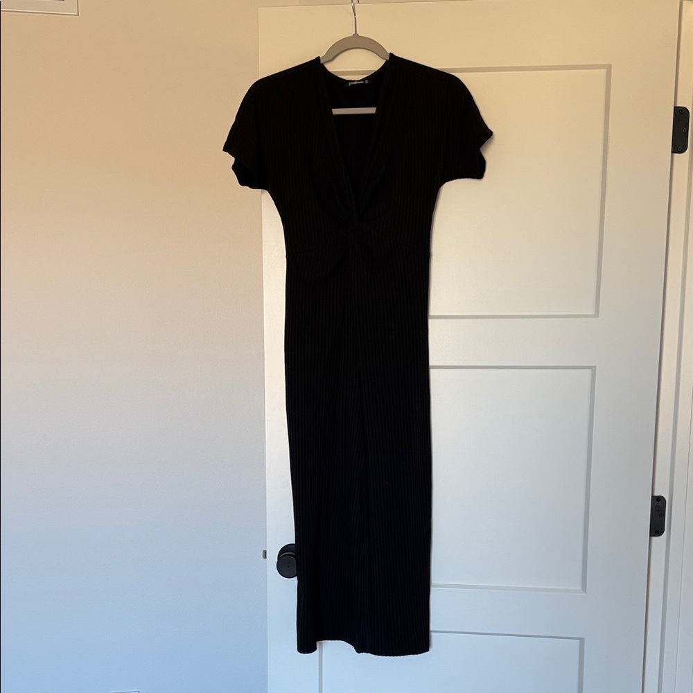 Stradivarius Black Twist-Detail Ribbed Midi Romper - Women